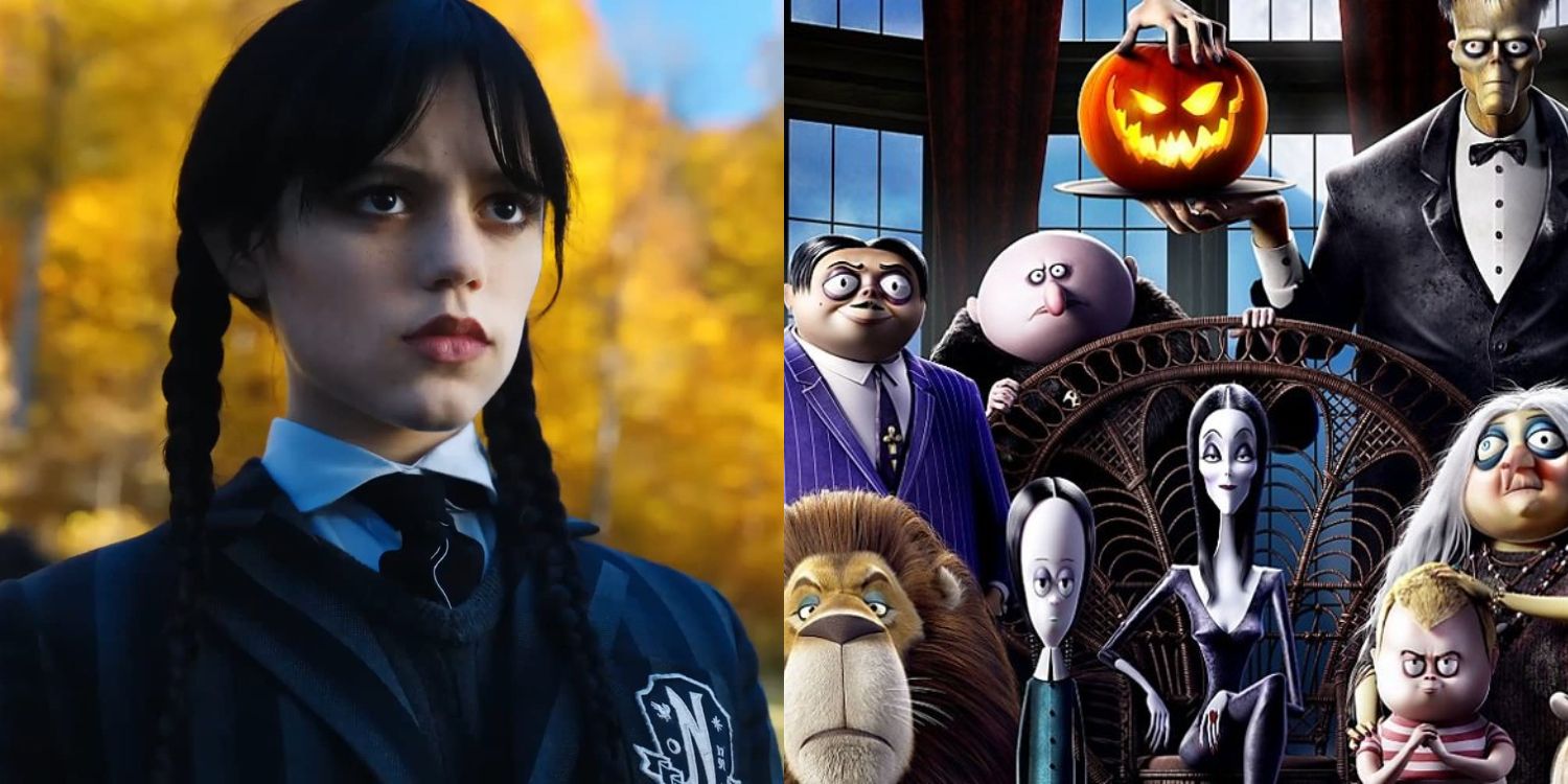 An image of Wednesday in the Netflix series and the Addams Family all sitting together in the animated movies