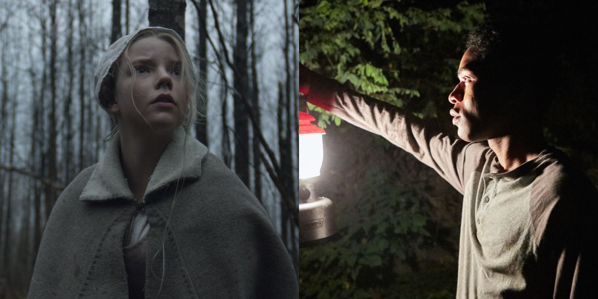 Anya Taylor Joy in the woods in The Witch next to Travis holding a lantern in the woods in It Comes at Night