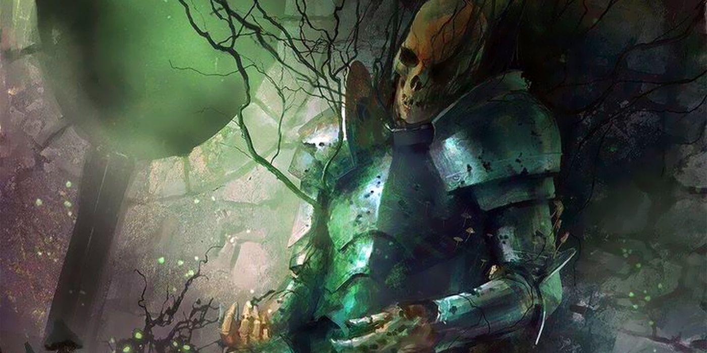 A skeleton in full armor is slumped against a wall with fungus and plant life growing from the corpse.