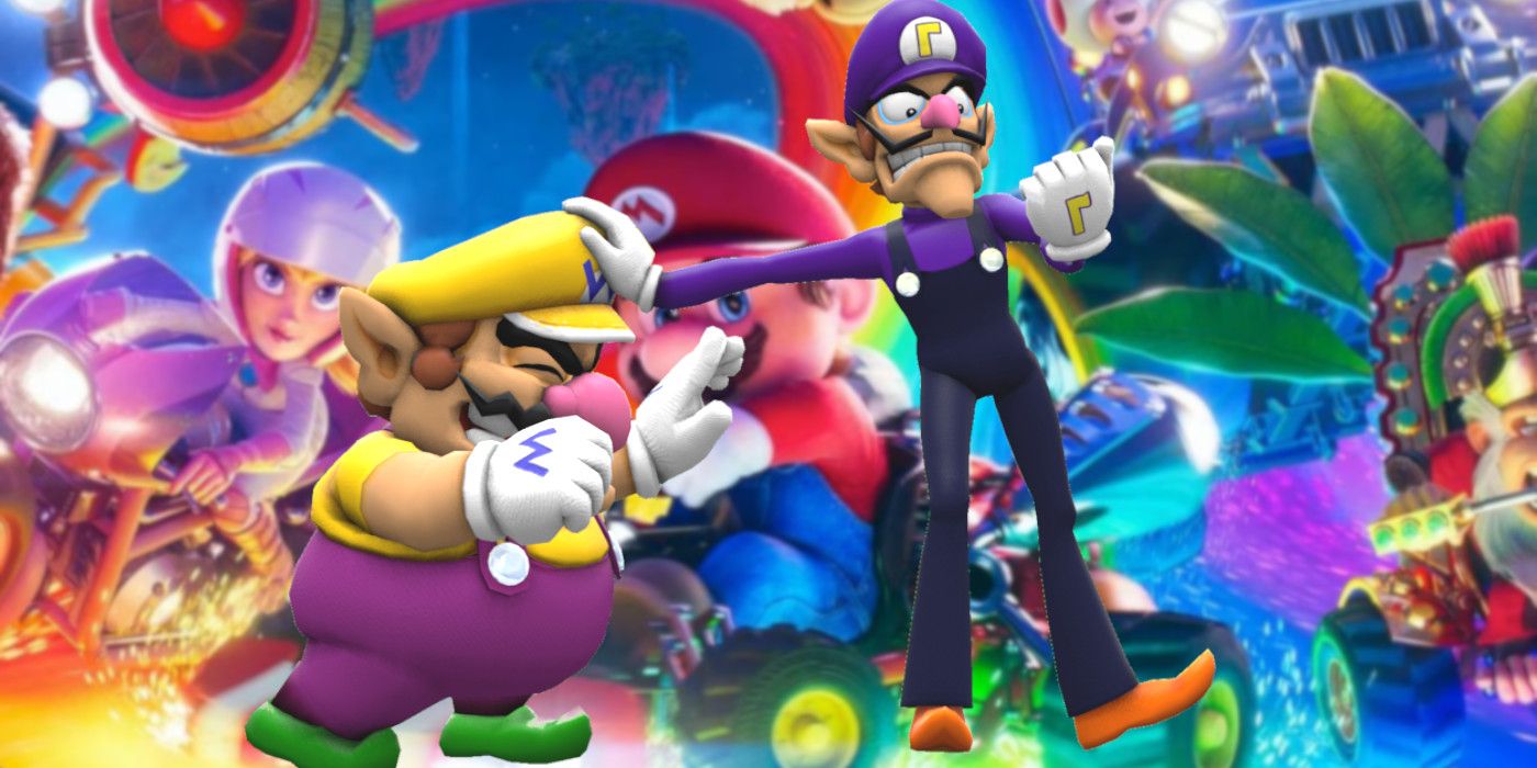 Wario and Waluigi tussle with each other backdropped by Mario and Princess Peach on go-karts.