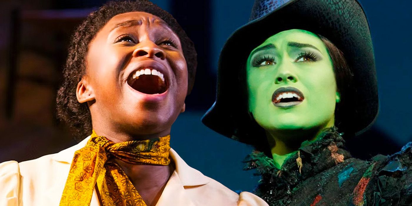 Blended image of cynthia erivo singing and a different elphaba in wicked