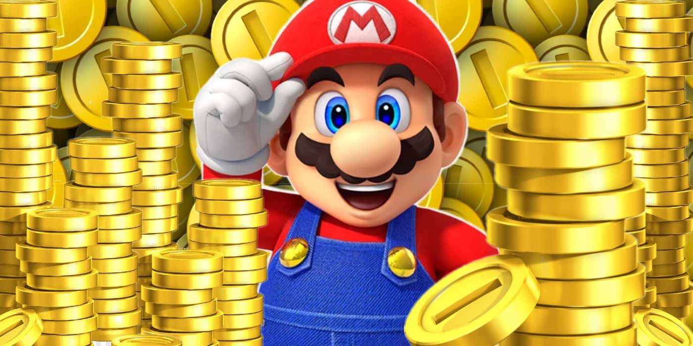 Mario tipping his hat surrounded by stacks of golden coins