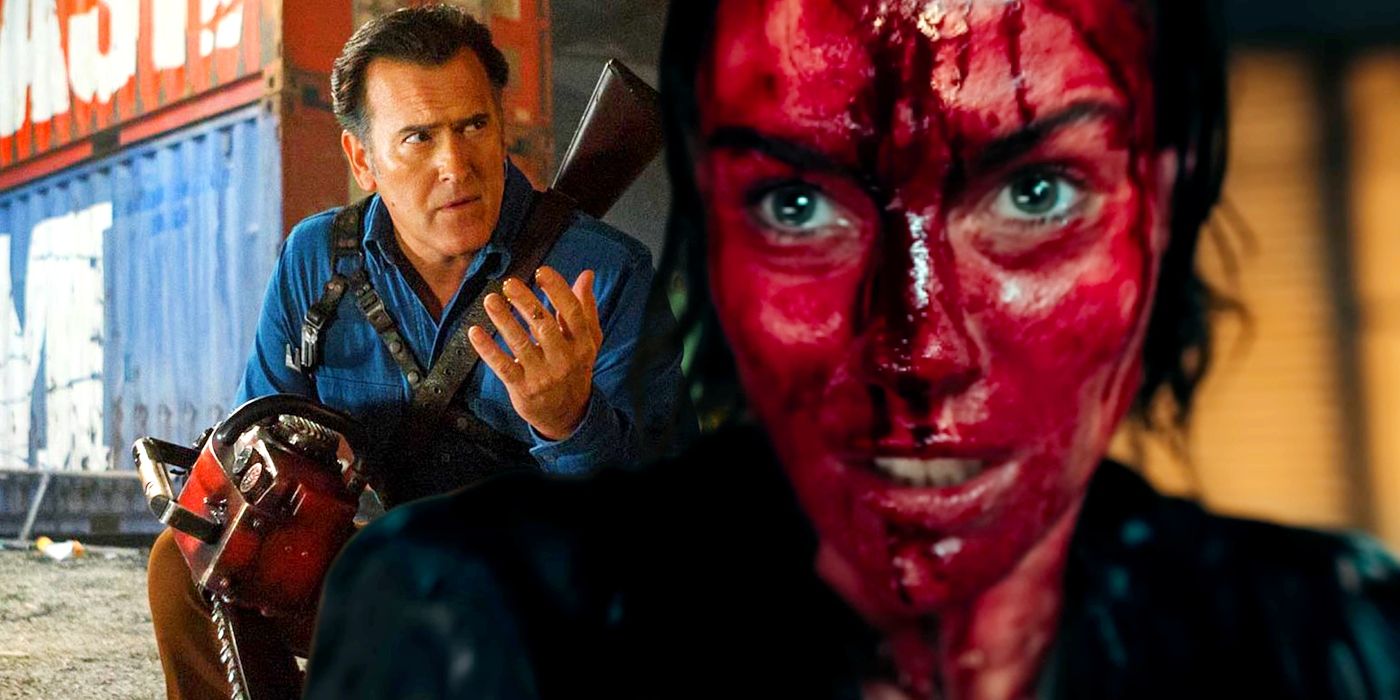 Bruce Campbell as Ash Williams juxtaposed with a bloody woman from Evil Dead Rise.