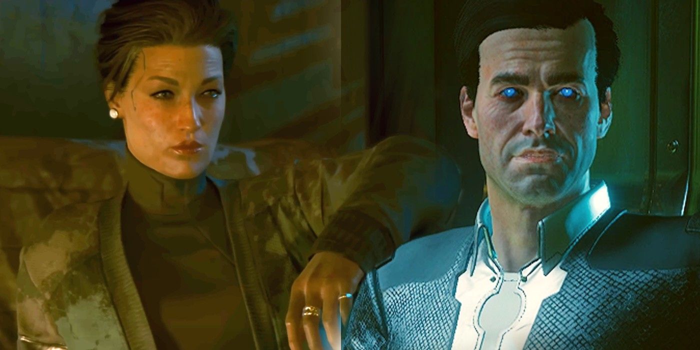 An image of Rosalind Myers from the Phantom Liberty trailer photoshopped to look like she's resting her arm on Mr. Blue eyes in Cyberpunk 2077.