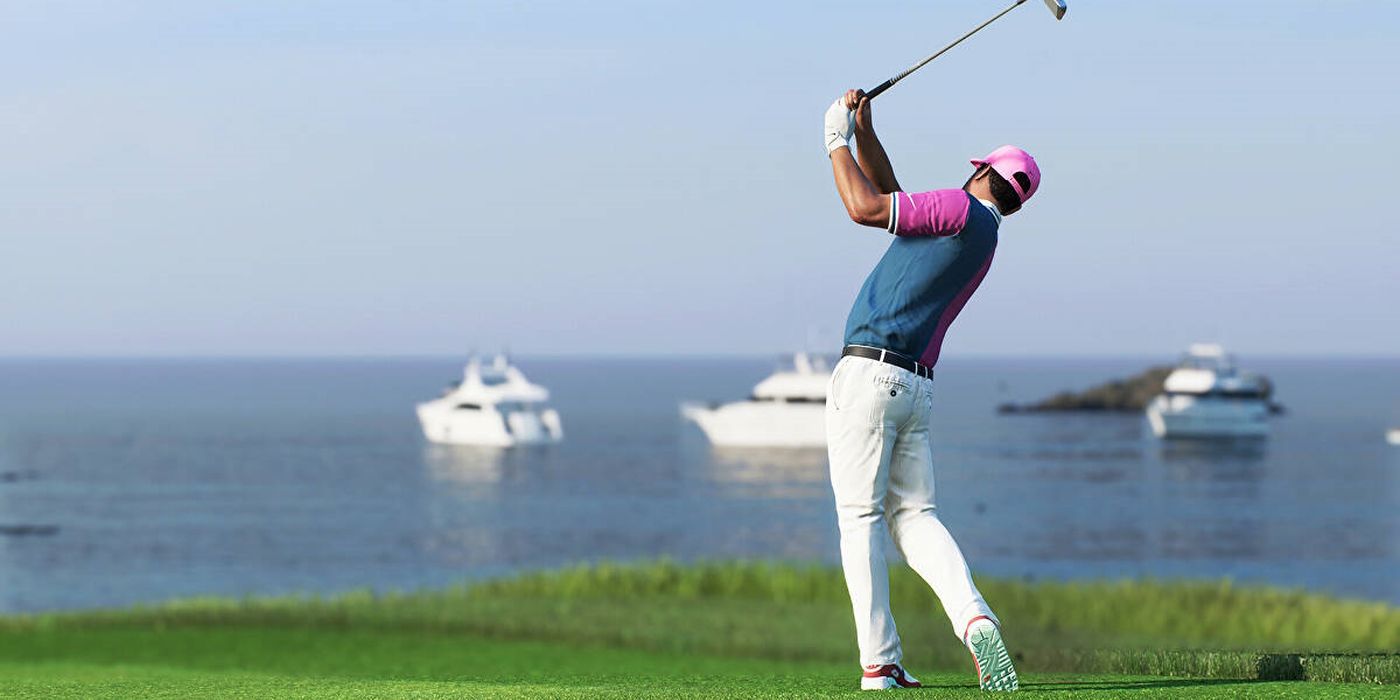 EA Sports PGA Tour, a golfer takes mid swing, with the ocean in the background with three yachts visible