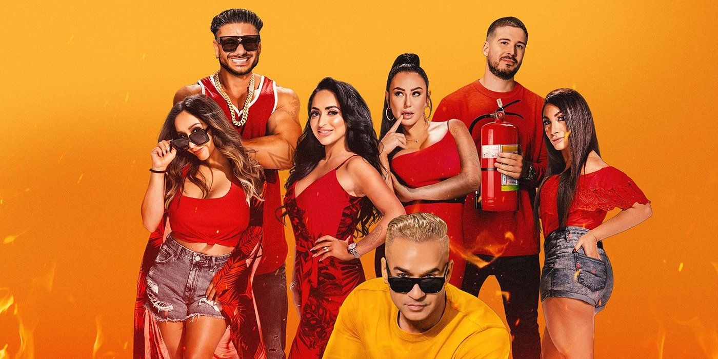 Jersey Shore: Family Vacation Cast wearing bright outfits yellow background
