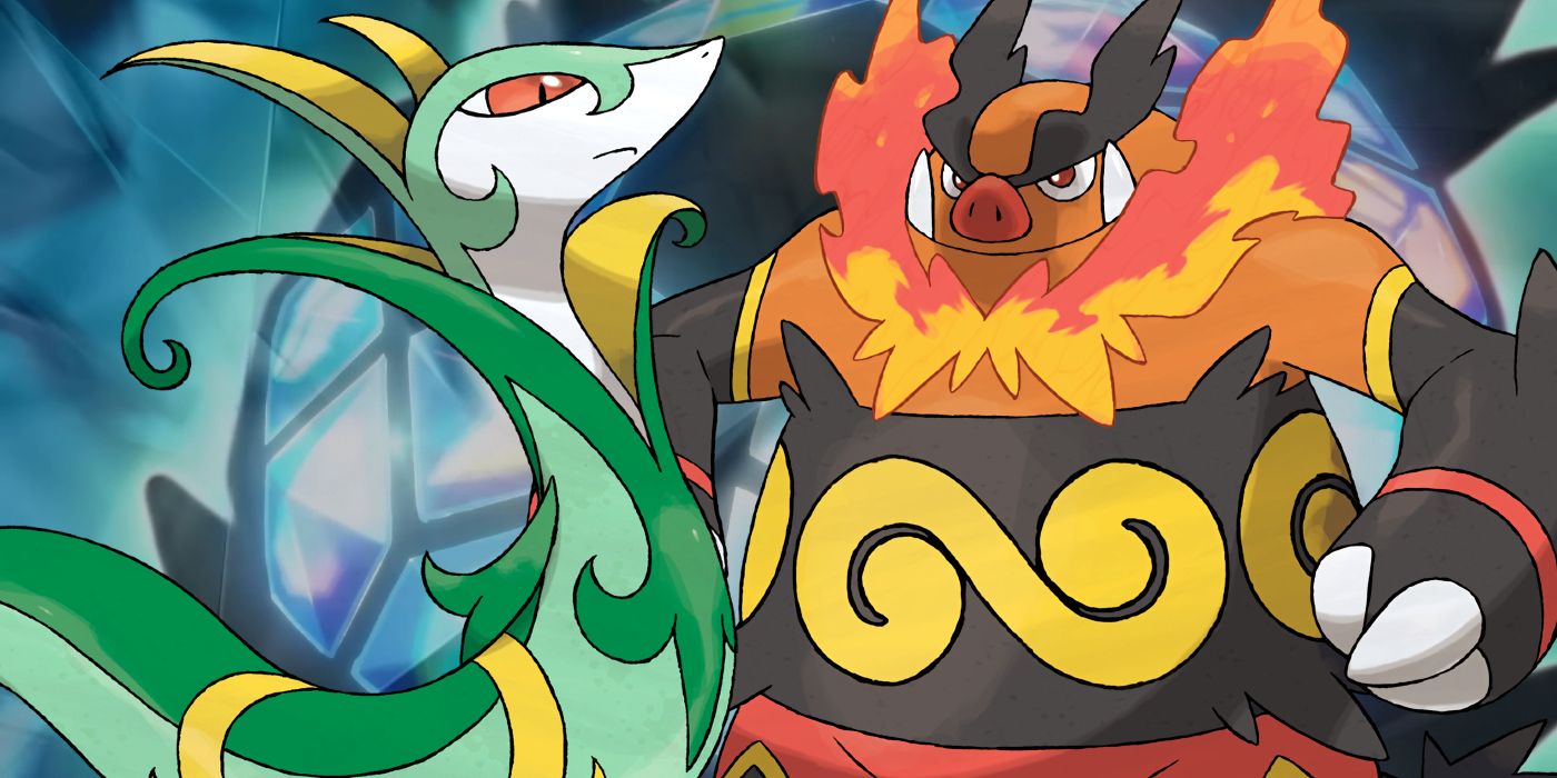 Serperior and Emboar in front of a darkened background taken from Pokémon Scarlet and Violet's The Hidden Treasure of Area DLC trailer, with a silhouette of Terapagos that has shining sections of its shell.