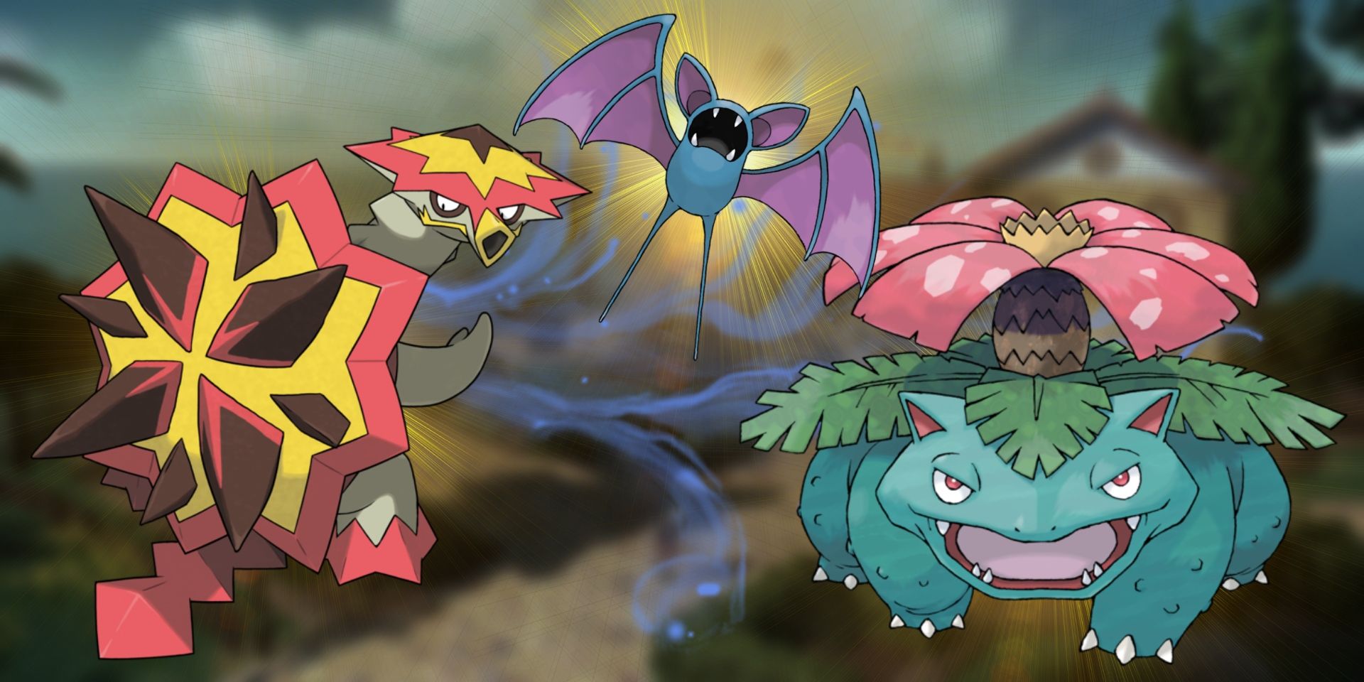 Pokemon's Turtonator to the left, Venusaur to the right, and Zubat flying above in the middle between them. Behind all of them are yellow backlights that highlight them and, in the background, a blue misty effect.