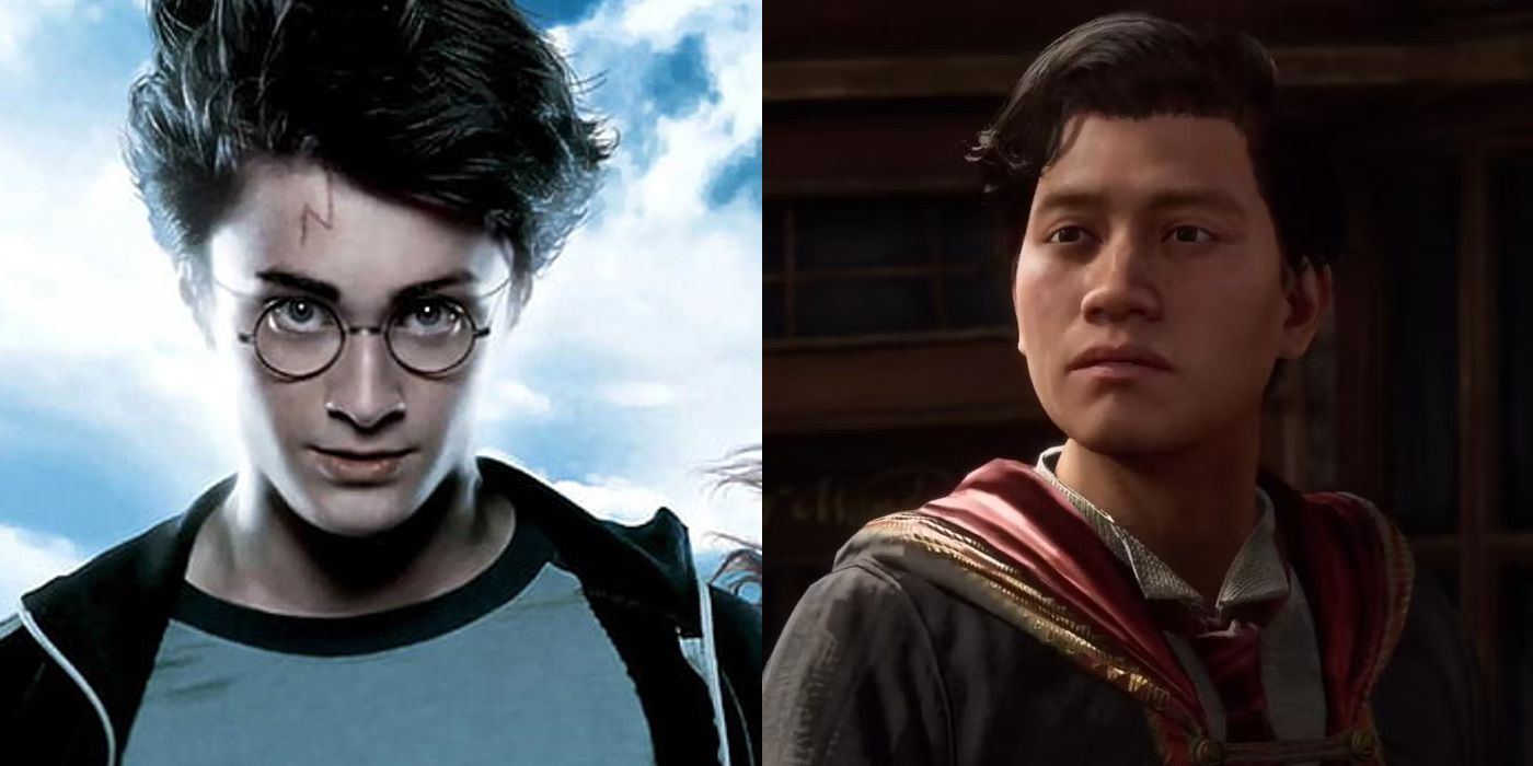 Side-by-side images of Harry Potter and a Gryffindor male protagonist from Hogwarts Legacy.
