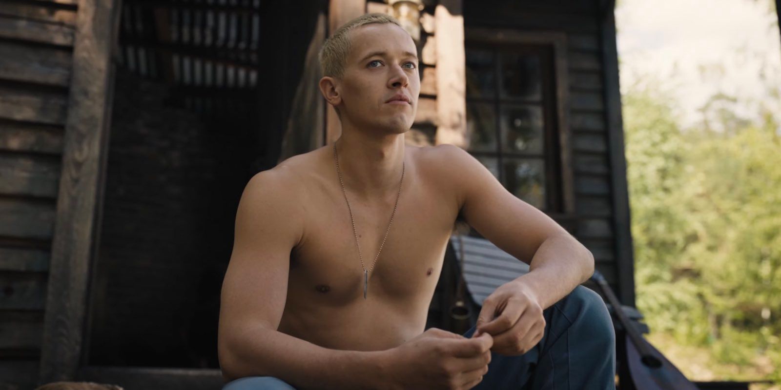 Tom Blyth as Shirtless Young President Snow in The Hunger Games Ballad of Songbirds and Snakes