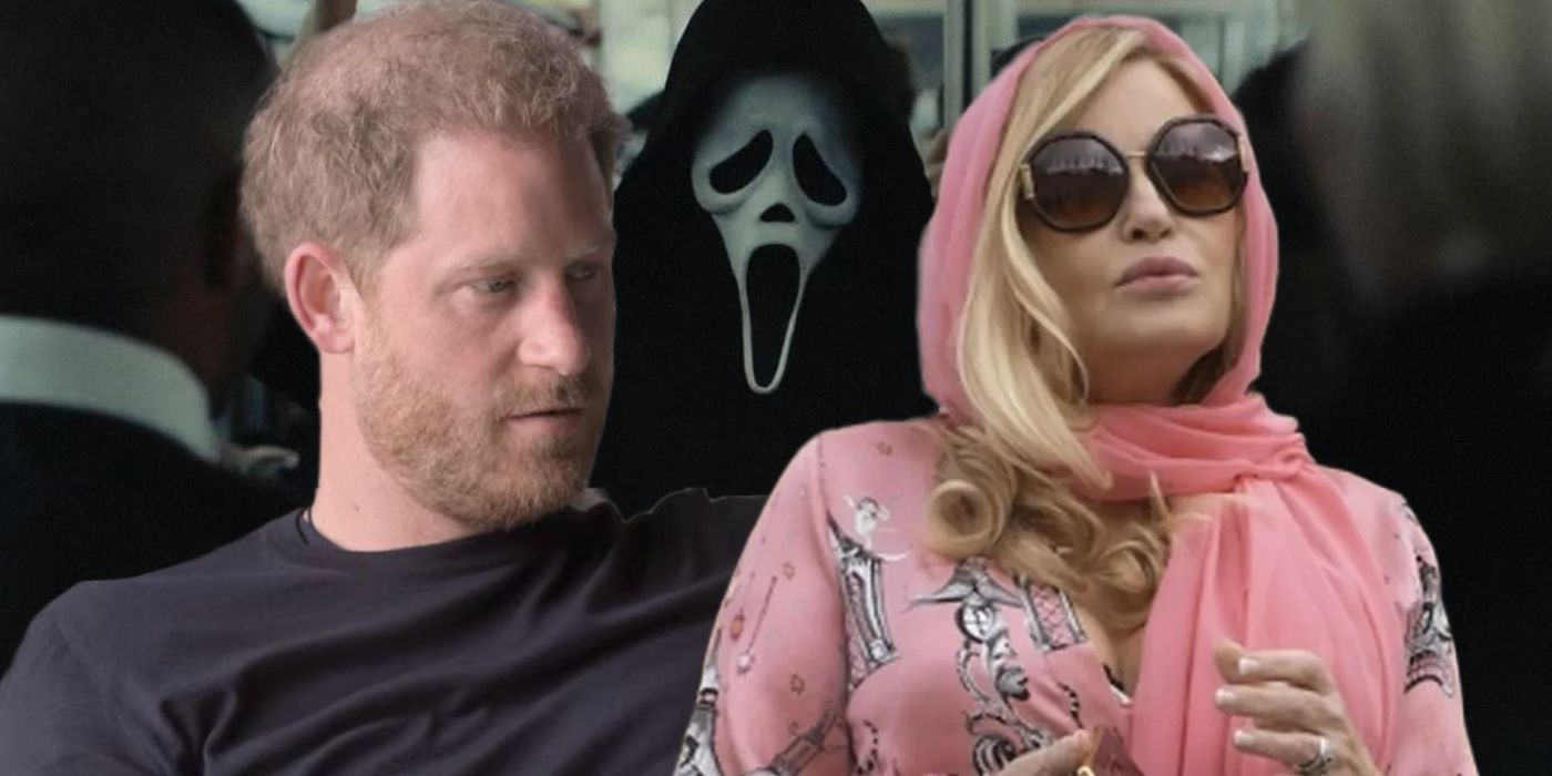 Prince Harry and Jennifer Coolidge in Front of Ghostface from Scream 6