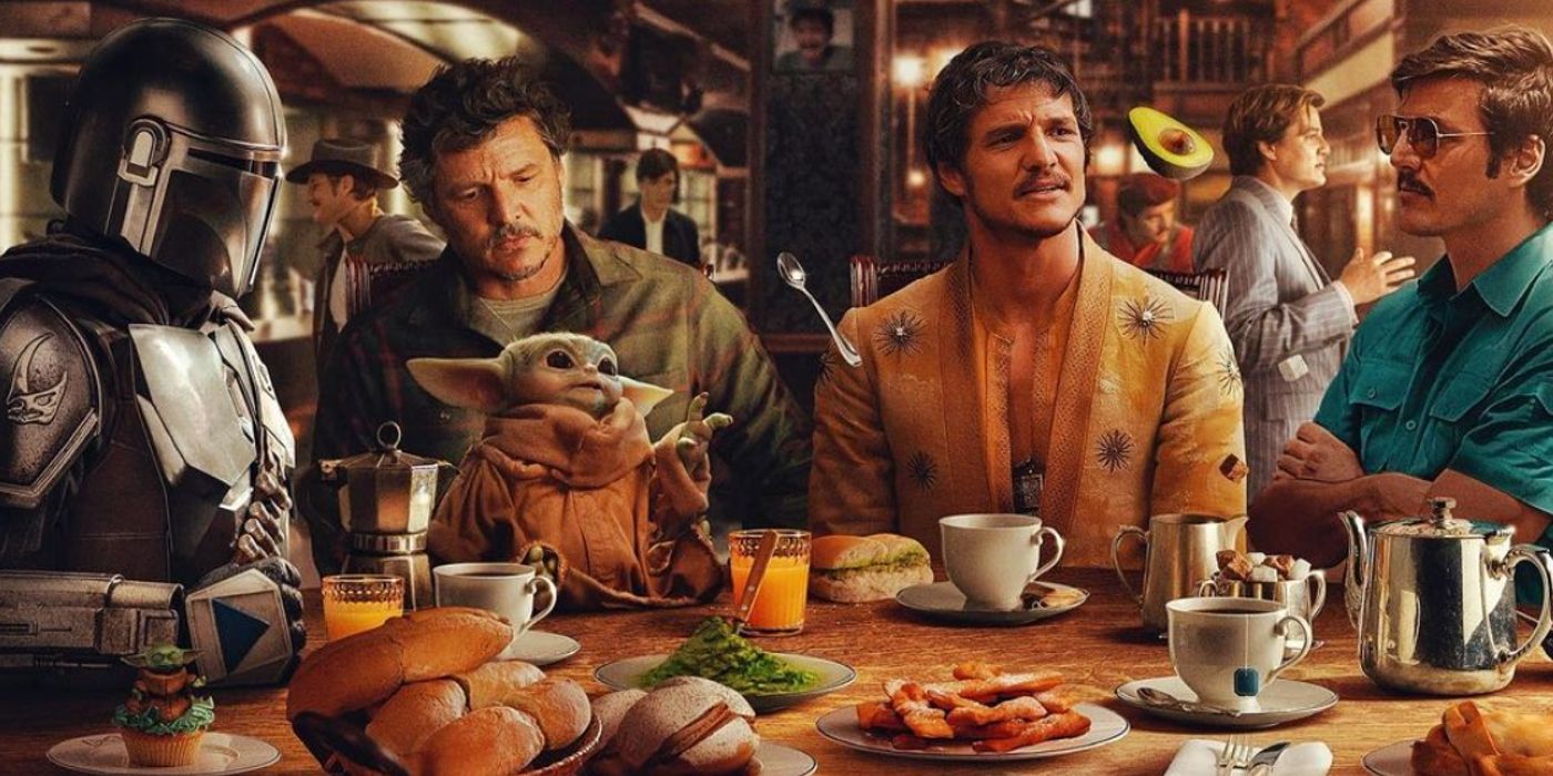 A piece of Pedro Pascal fan art in which all of his characters sit inside a restaurant.