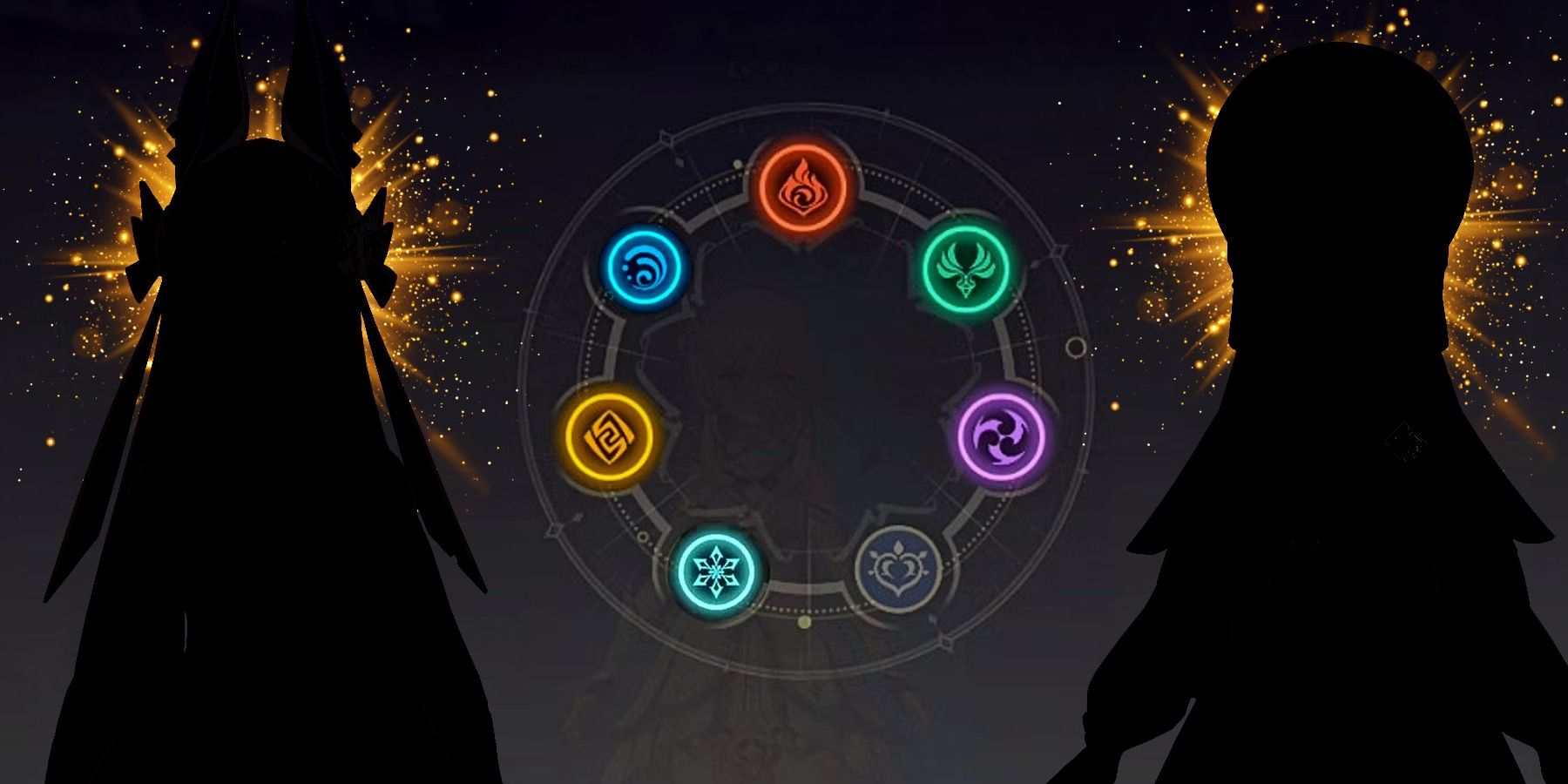 Two black silhouettes stand beside a circle of the seven Elements in Genshin Impact