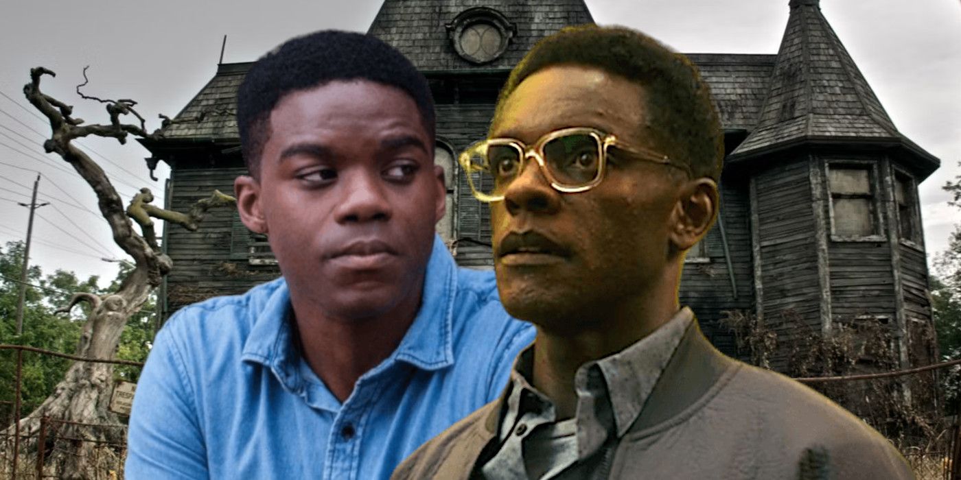 Jovan Adepo in a blue shirt looking pensive alongside Chris Chalk in glasses looking awe-struck, backdropped by a creepy boarded up old crumbling house beside a gnarled old tree