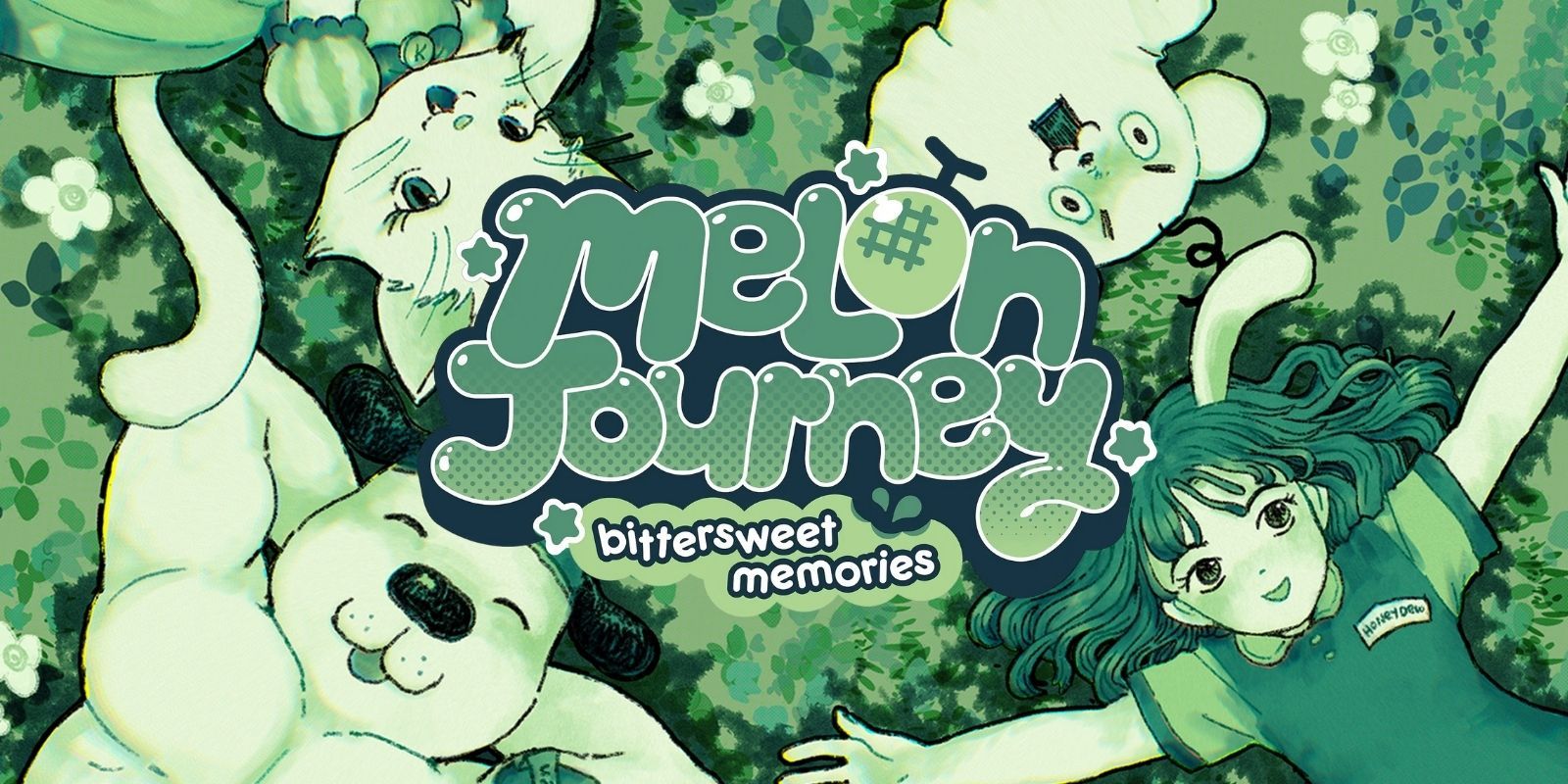 Melon Journey Cover Image With Logo, showing Kitten Princess, Strong Dog, Ham Ghost Jr, and the players character laying in the grass around the logo