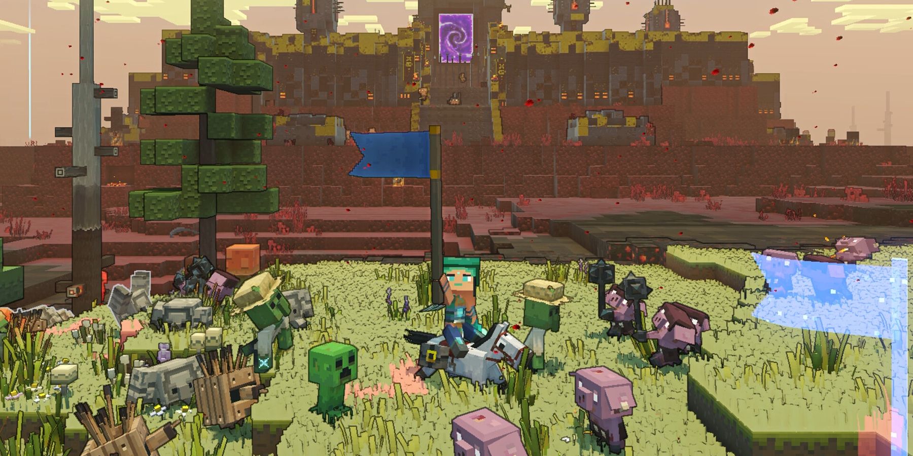 Minecraft Legends player gathering mobs to fight piglins.