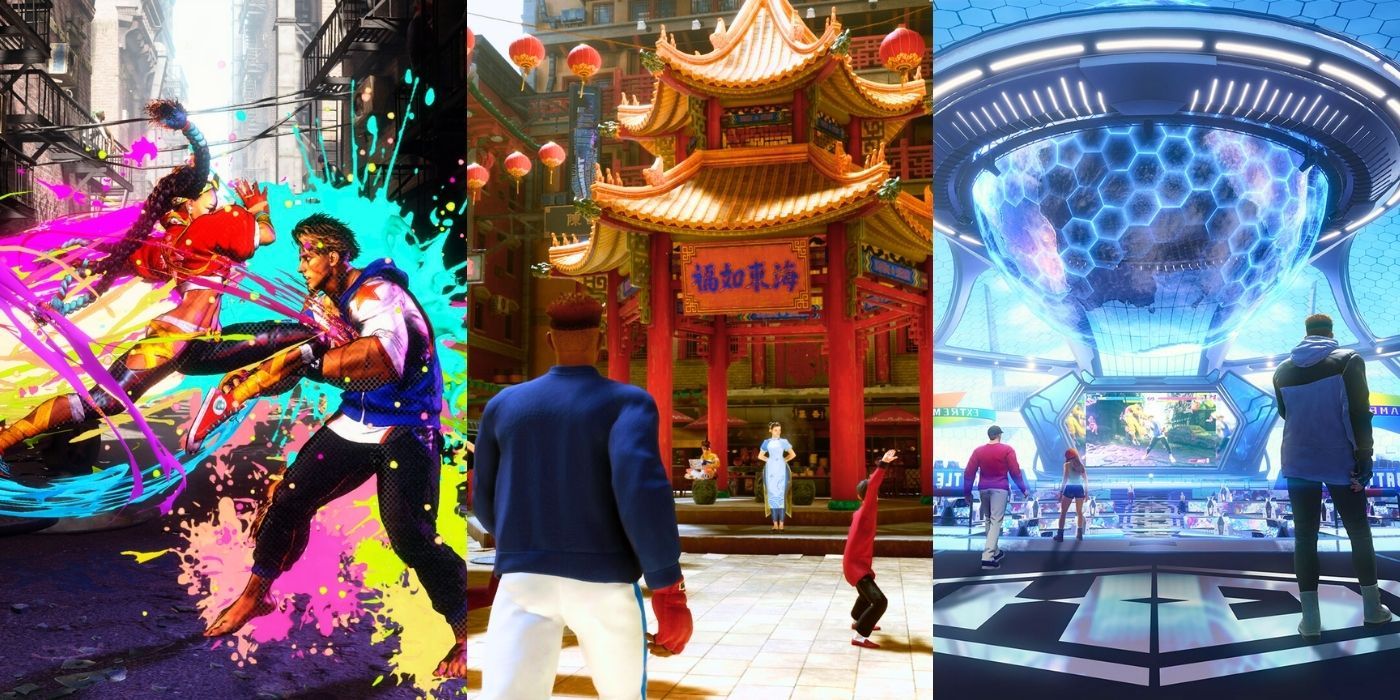 Images from Street Fighter 6 showcasing a fight on the Fighting Ground, a player walking around World Tour, and the Battle Hub area.