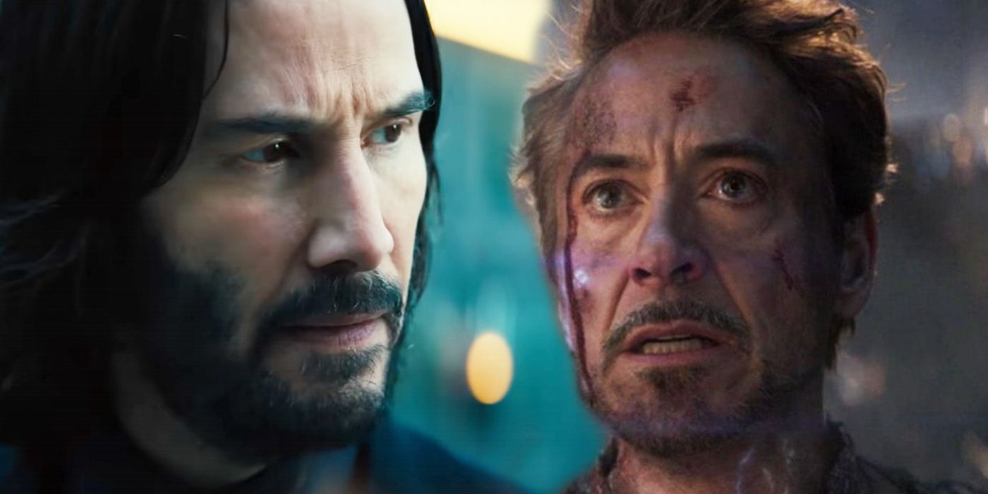 Keanu Reeves as John Wick looking left and Robert Downey Jr. as Iron Man in Avengers Endgame