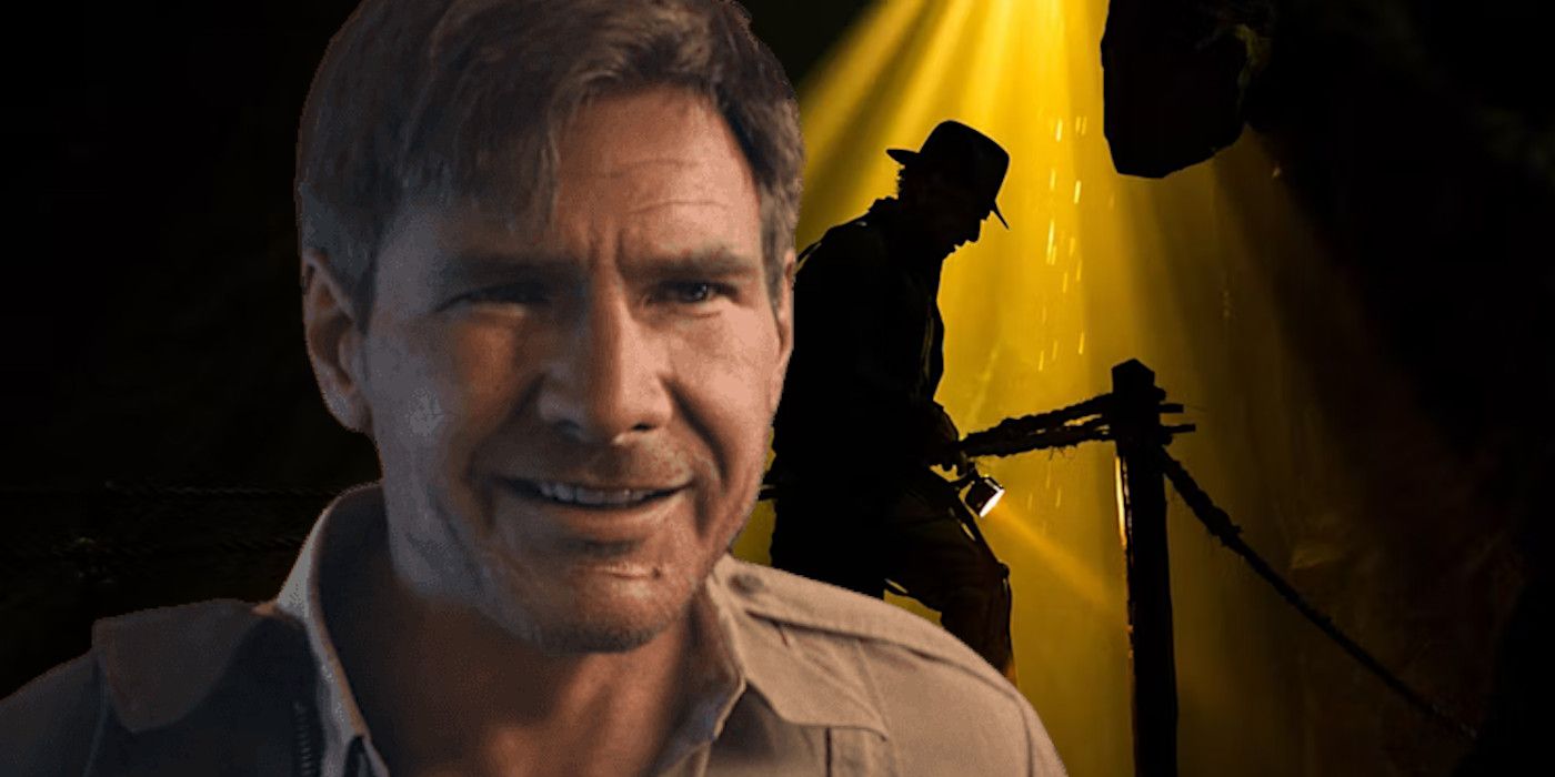 Harrison Ford in Indiana Jones 5 de-aged with a smirk on his face backdropped by a shadowy image of Indiana Jones in his fedora crossing a bridge with light beams shining through the ceiling