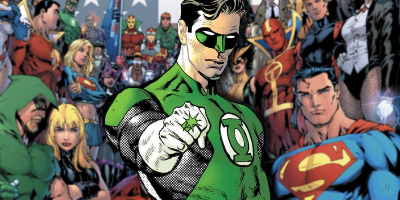 Green Lantern in front of Justice League heroes