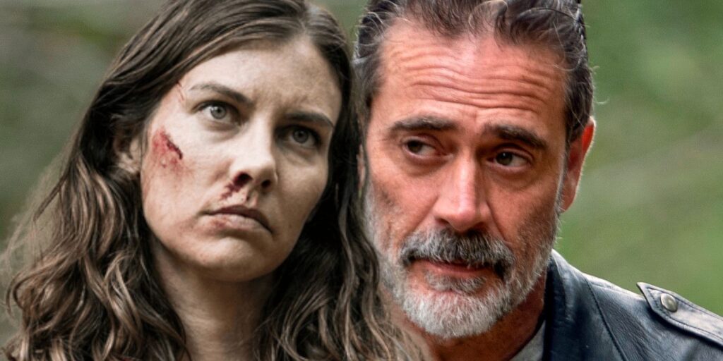 Close ups of Lauren Cohan as Maggie with a bloodied face and Jeffrey Dean Morgan as Negan with scruffy beard and shifty look on his face