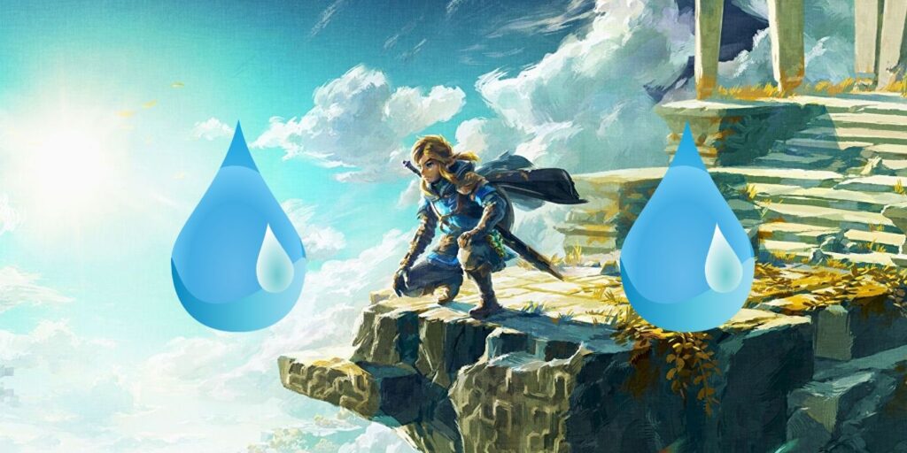 Zelda: Tears of the Kingdom's key art, featuring Link crouched and overlooking the sky from a floating island. On both sides there are images of a tear drop.