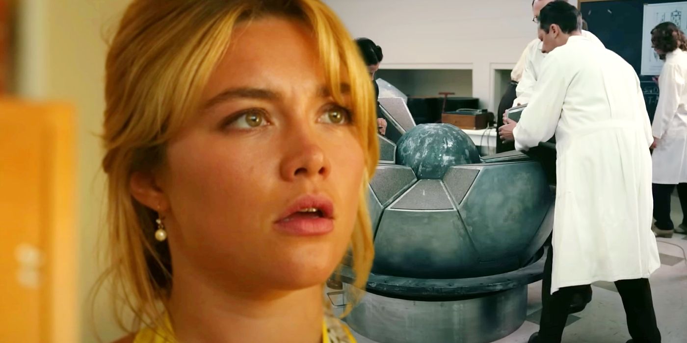 Custom image of Florence Pugh looking surprised and the assembly of an atomic bomb in Oppenheimer.