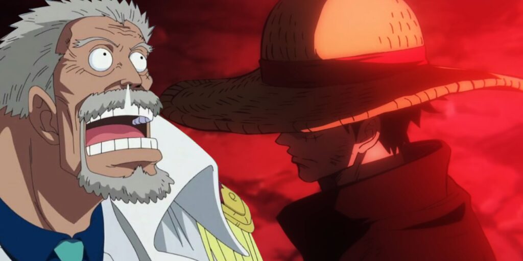 Image shows One Piece character's Luffy and Garp. Luffy wearing his signature Straw Hat with dramatic red lighting while Garp is seen looking bug eyed, with a shocked expression on his face and a large booger leaking out of his nose.