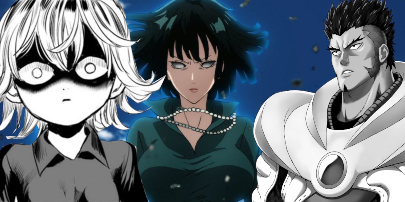 A colored image of Blizzard from the One-Punch Man anime shows her charging her psychic powers with uncolored images of her sister and number one hero Blast are on either side of her.