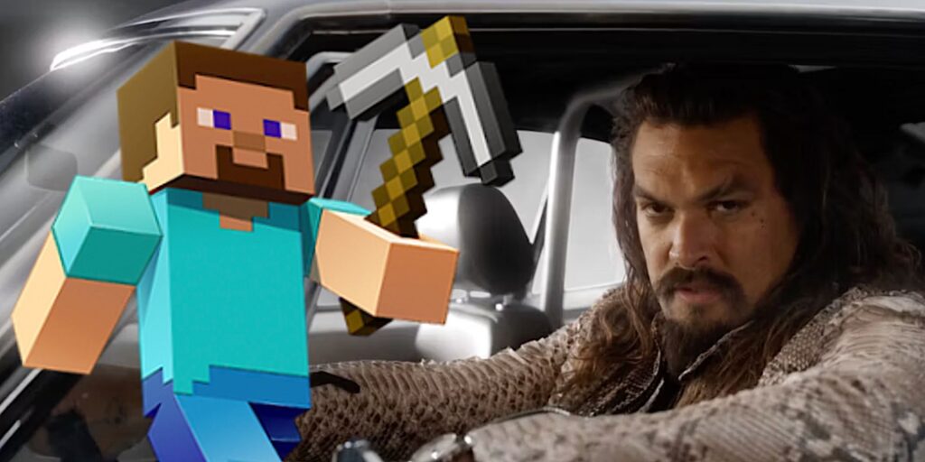 Blended image of Jason Momoa driving in Fast X and a Minecraft character