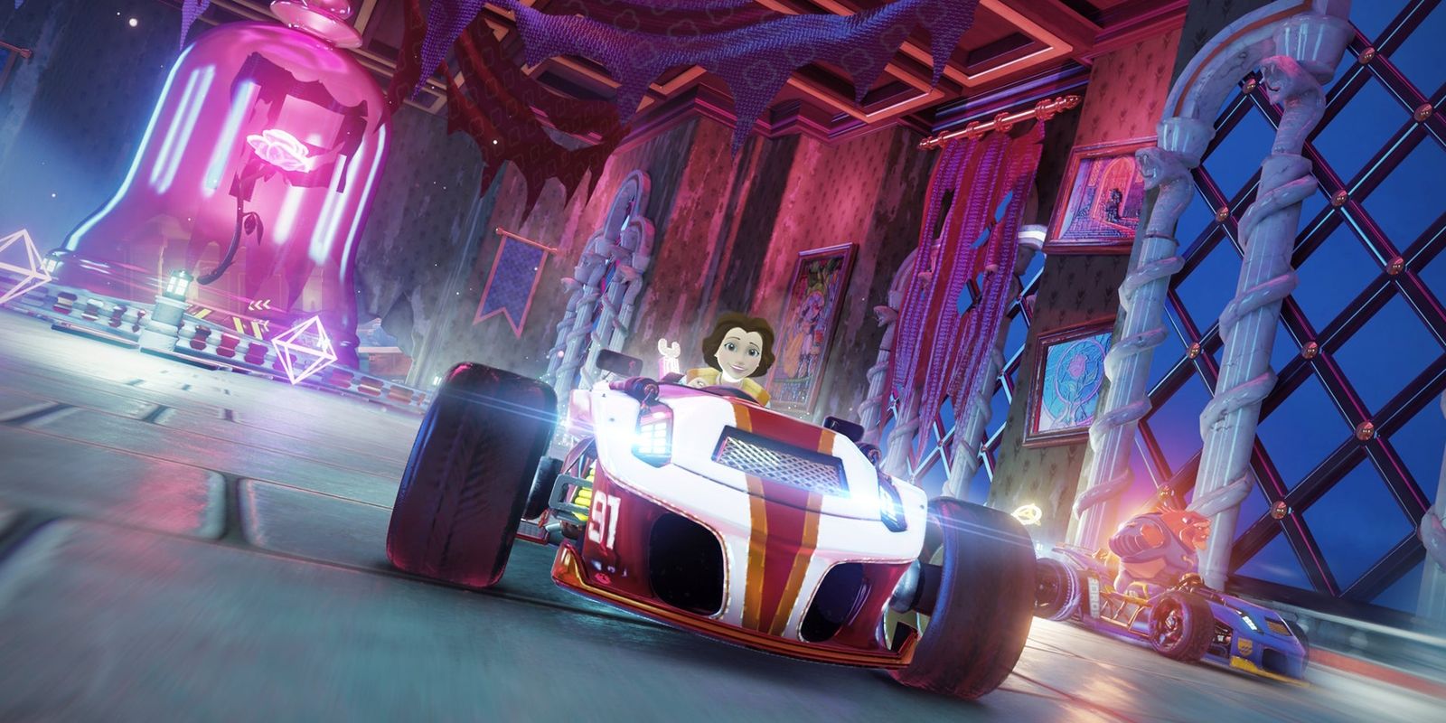 Belle in a racecar in Disney Speedstorm, on a track based on the Beasts castle