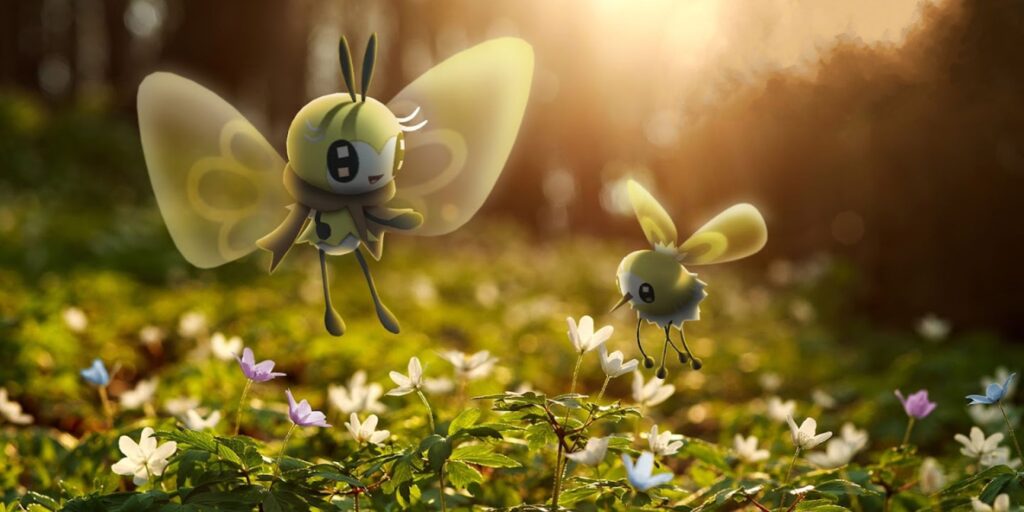 Pokemon GO April 2023 Events Official Art Featuring Cutiefly And Ribombee Pollinating Flowers