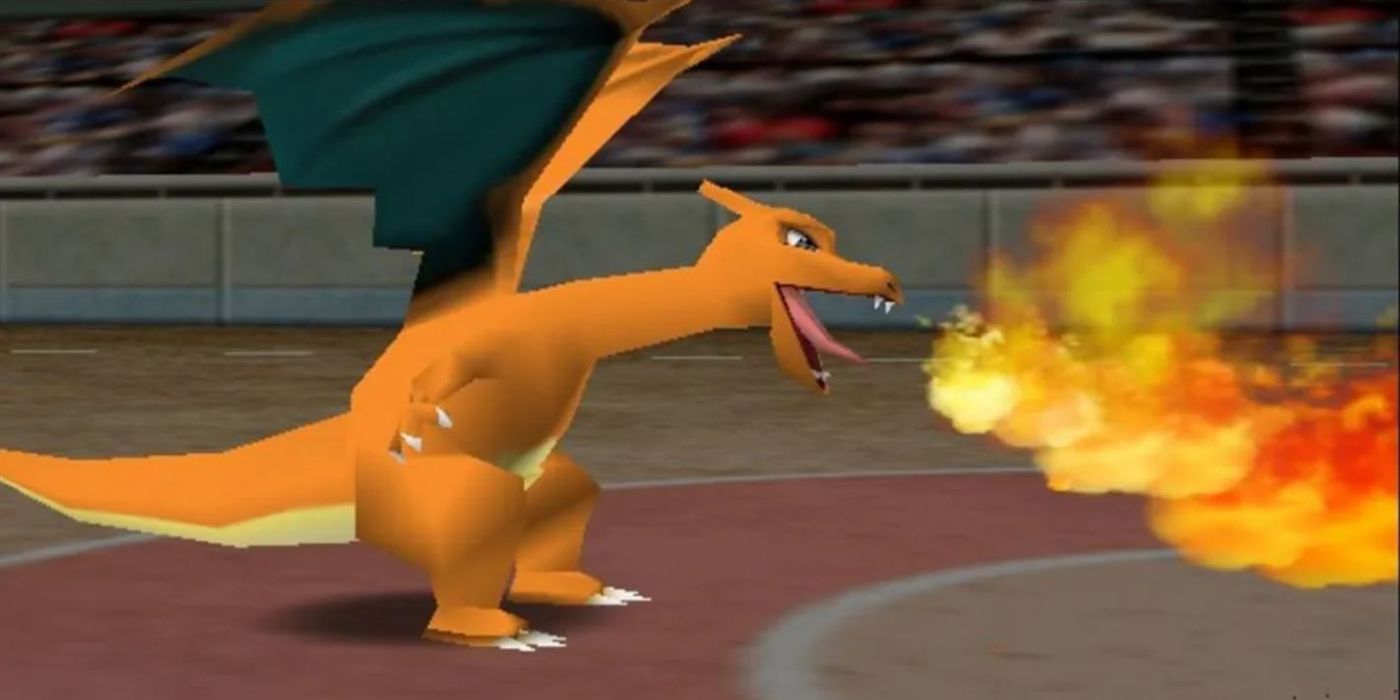 Charizard in Pokemon Stadium, breathing fire.