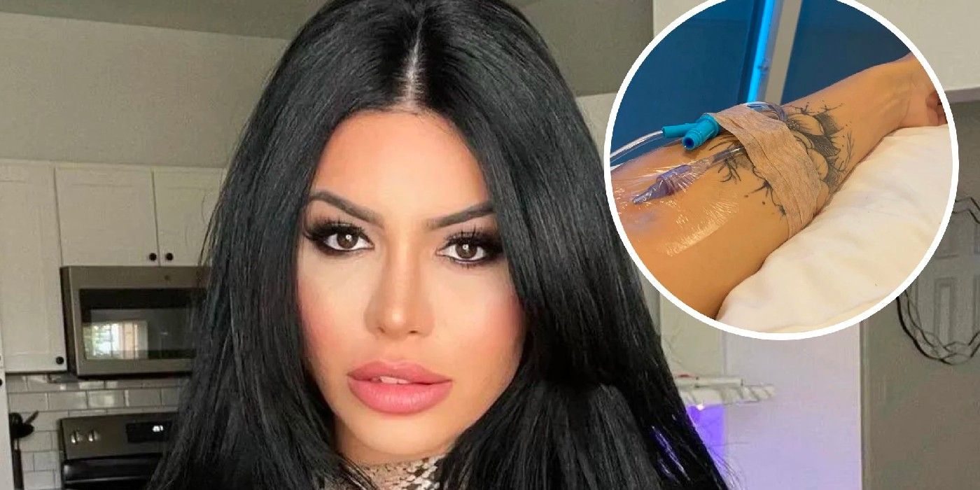Larissa Lima From 90 Day Fiancé glam pose with circular inset of surgery on arm