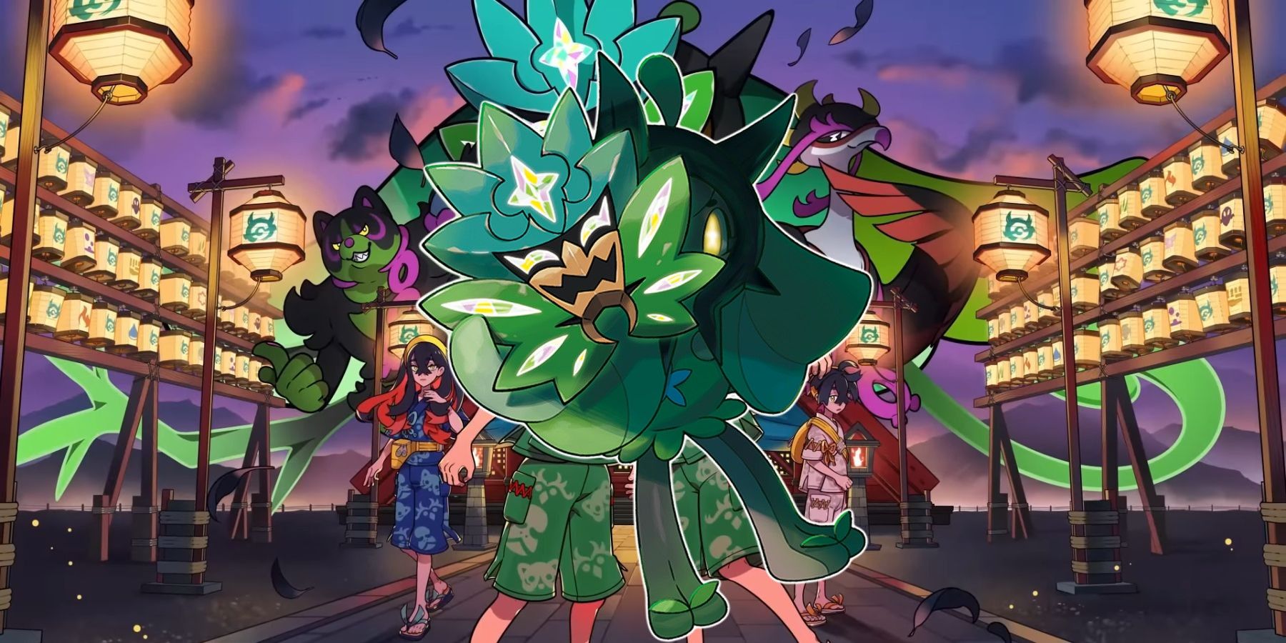 Image of a partially unmasked Ogerpon with key art for Pokémon Scarlet and Violet's The Teal Mask.