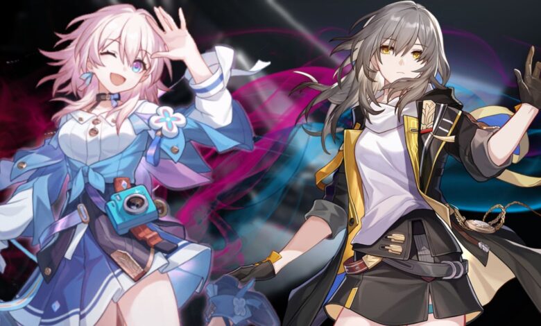 Honkai Star Rail's March 7th character to the left and Trailblazer to the right. Behind them is a pink and blue smoke effect.