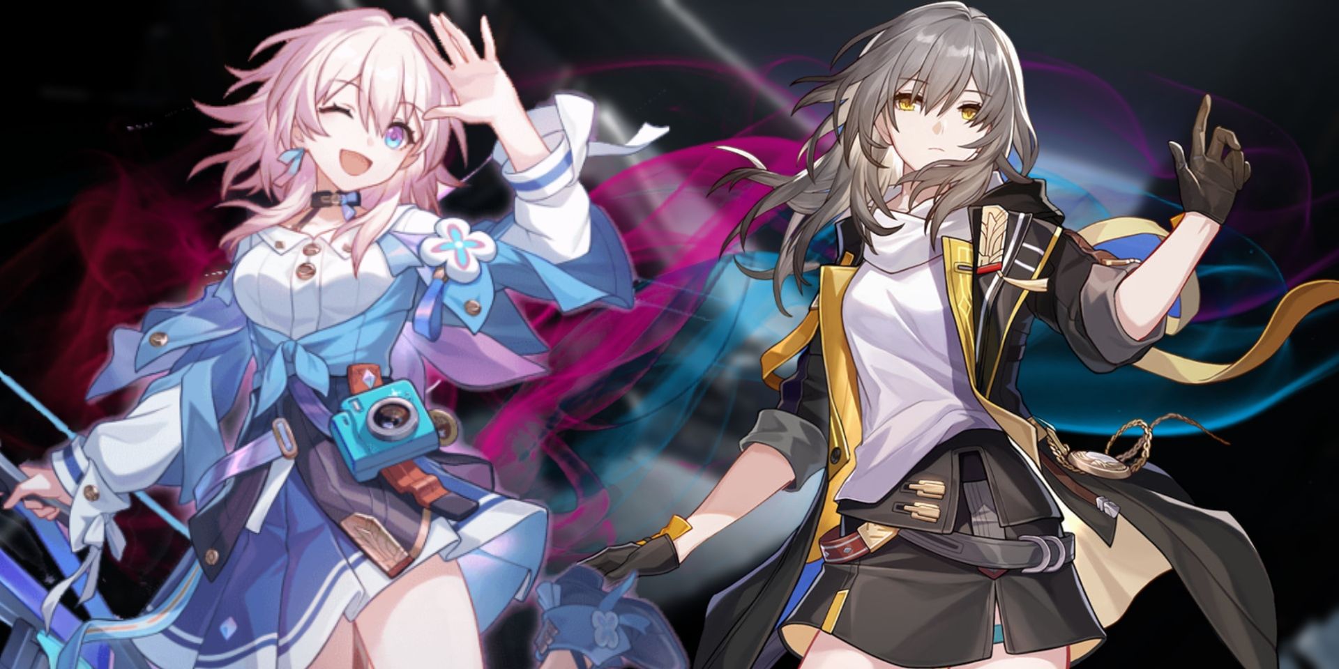 Honkai Star Rail's March 7th character to the left and Trailblazer to the right. Behind them is a pink and blue smoke effect.