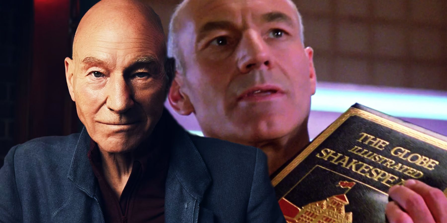 Admiral Picard (Patrick Stewart) and Captain Picard with the collected works of Shakespeare