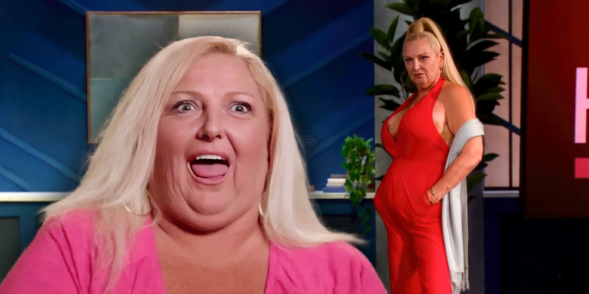 90 Day Fiancé’s Angela Deem with a surprised face and wearing a jumpsuit