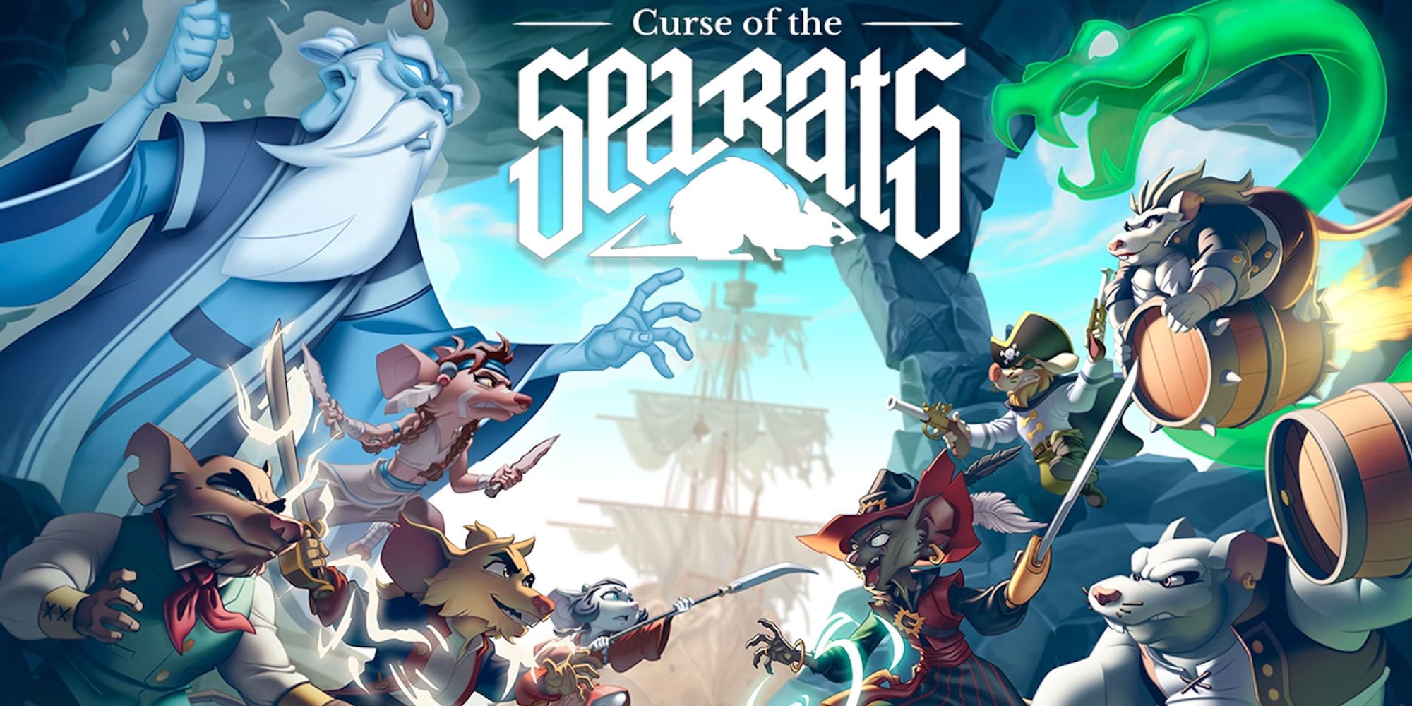 Curse of the Sea Rats image featuring swashbuckling characters from the game facing off, with a disparate crew of heroes on the left and a band of pirates on the right.