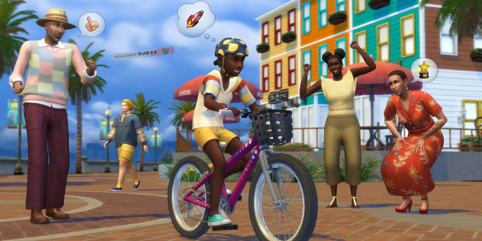 Sims 4 Growing Together EP image showing a child riding a bike and relatives cheering him on.