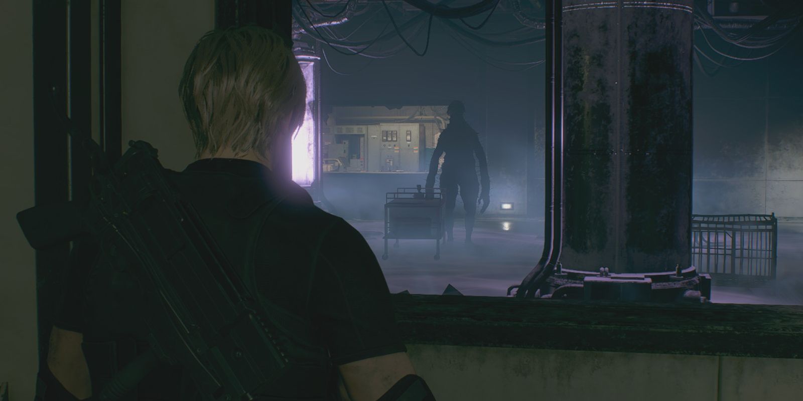 Leon looks through a window at a tall, shadowy humanoid figure in the remake of Resident Evil 4