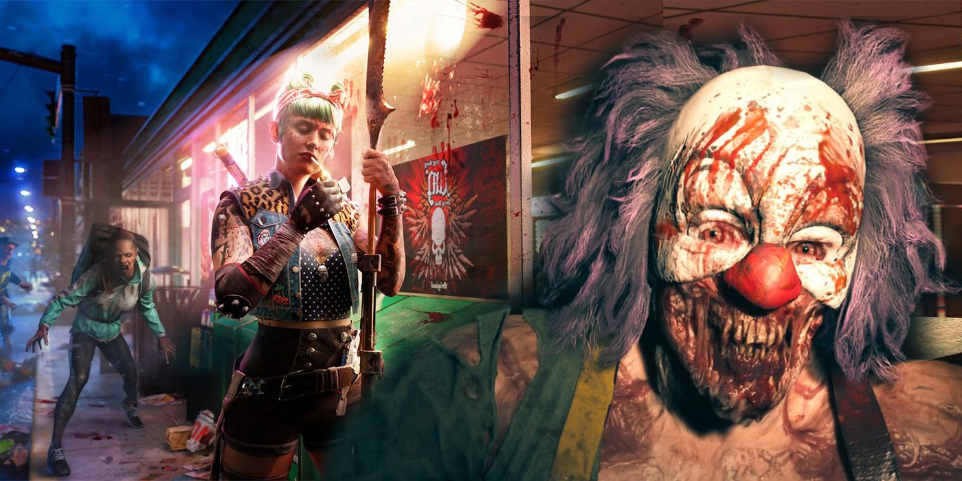 Dead Island 2 Promo image Dani stands to left lighting cigarette as EATS zombie creeps up on her, overlaid with terrifying clown zombie on right