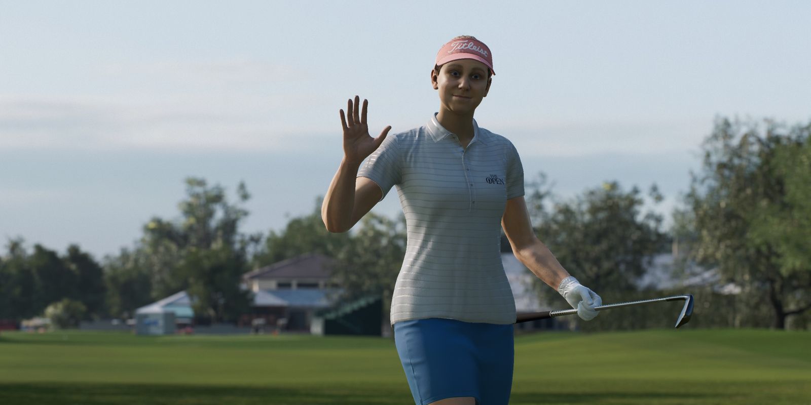 Player Character In EA Sports PGA Tour 23, holding a club and waving at the camera