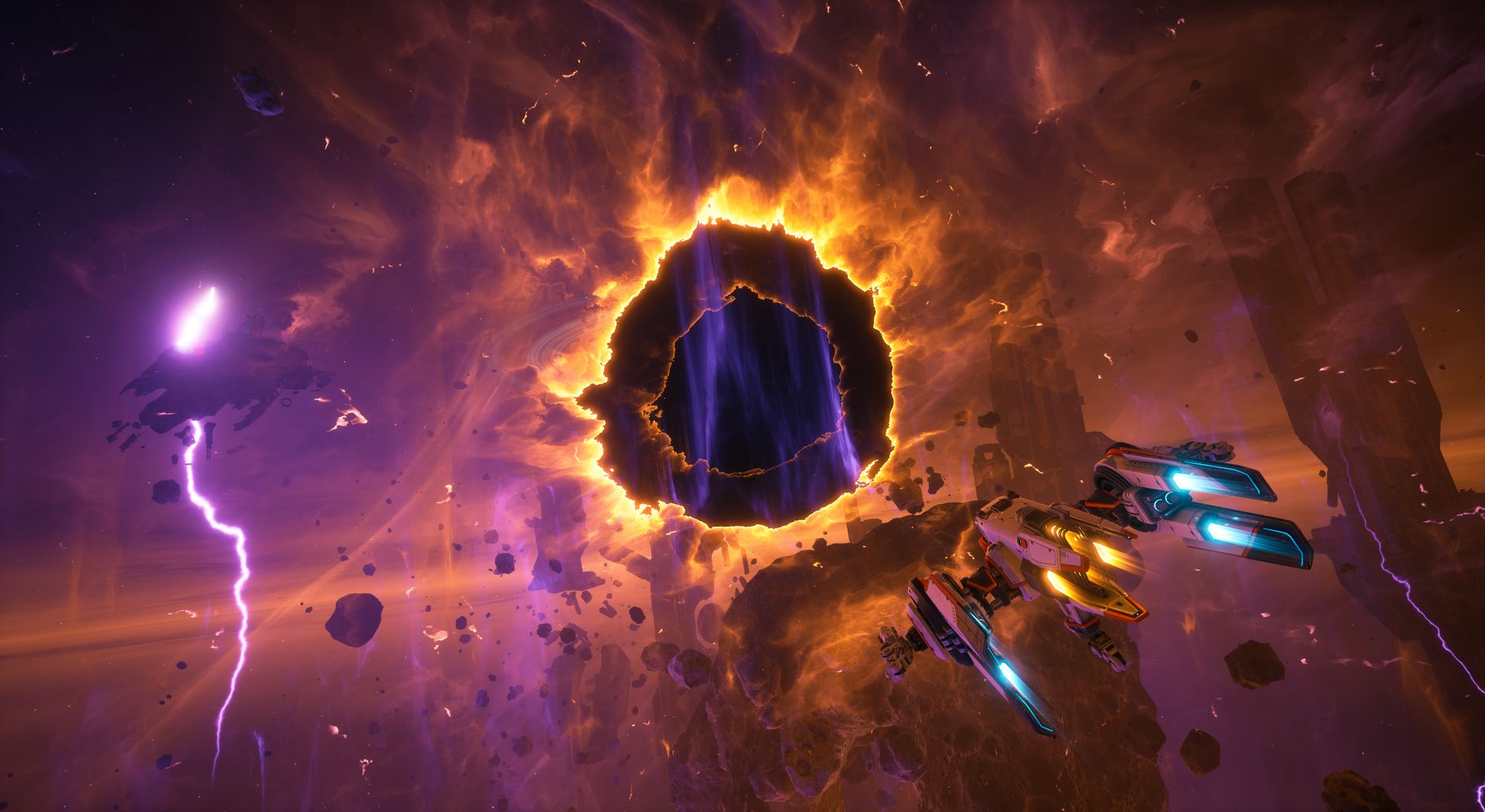 La captura de pantalla de Everspace 2 muestra un horizonte púrpura y naranja con grandes torres de metal que se forman alrededor de un agujero negro que está desgarrando la realidad mientras la nave de los jugadores vuela hacia él.