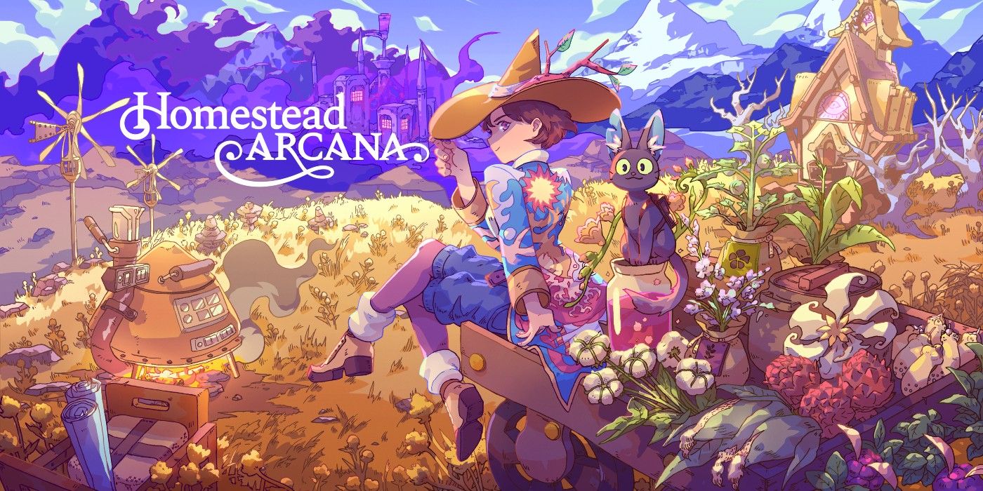 Homestead Arcana Key Art showing the protagonist and their cat sitting on a rock with produce overlooking a valley.
