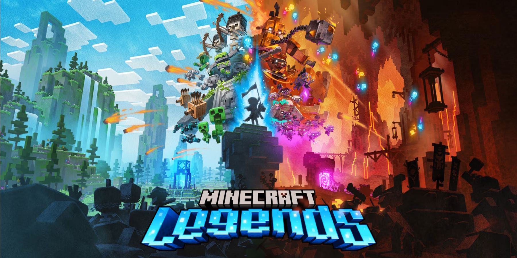Minecraft Legends Cover Art showing the good guys on the left and the bad guys on the right with the logo in the middle