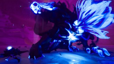 Gameplay images from Strayed Lights show a large creature with black skin and bright blue glowing hair and auras emanating from it's chest, hands, and head. Player character with light blue hair is seen much smaller than the large enemy in a cavern level with purple hues illuminating the walls.