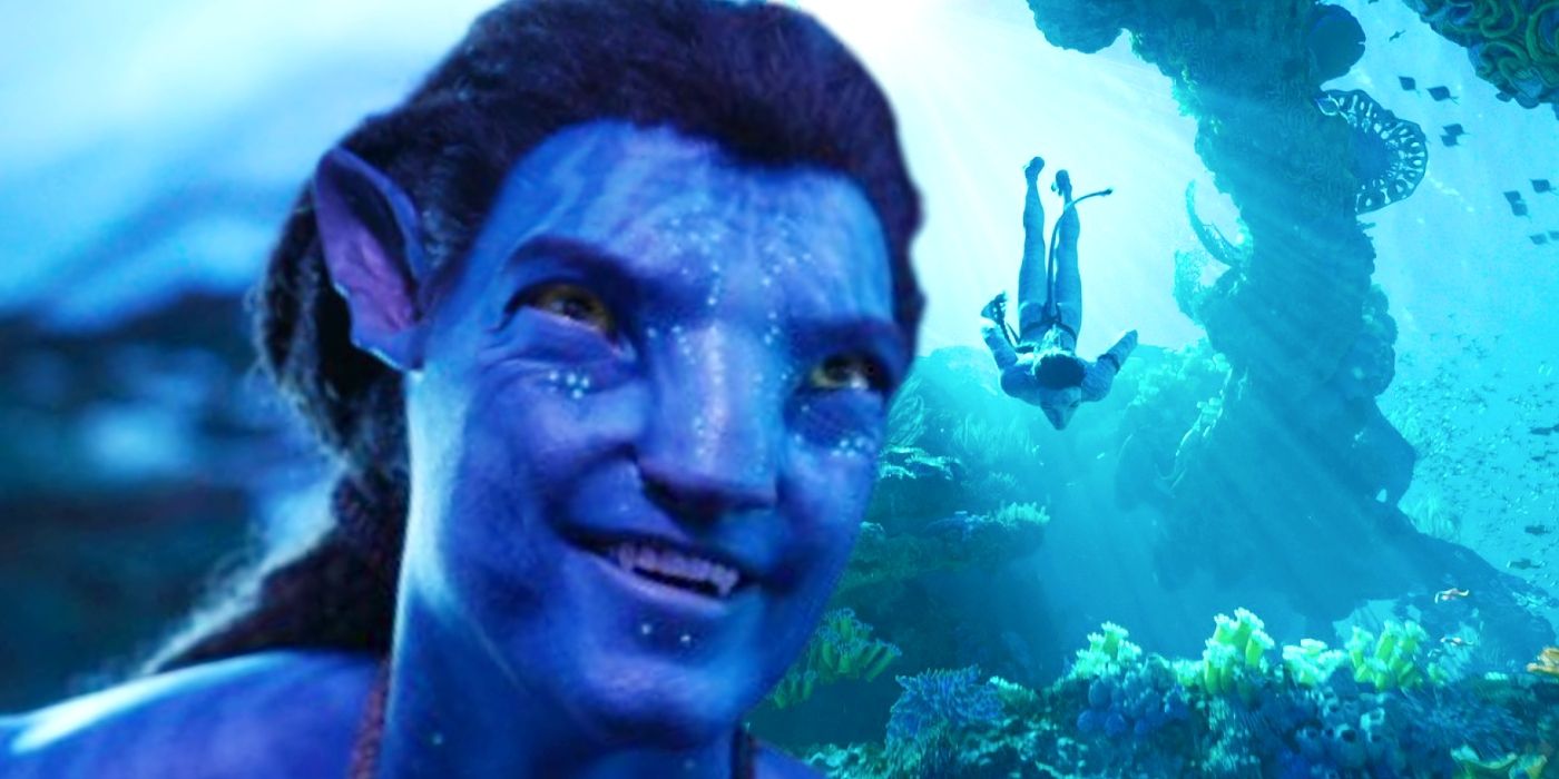 Jake smiling juxtaposed with Lo'ak swimming in Avatar: The Way of Water.