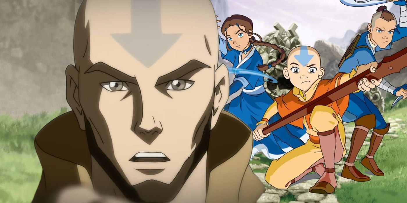Aang from Legend of Korra in Front of Avatar The Last Airbender Cast